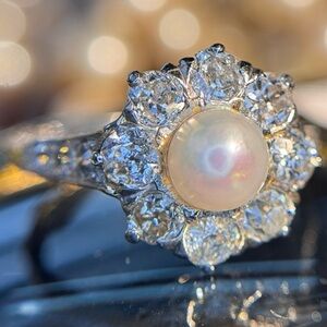 Antique Pearl and Old European Cut Diamond Ring set in Platinum and White Gold